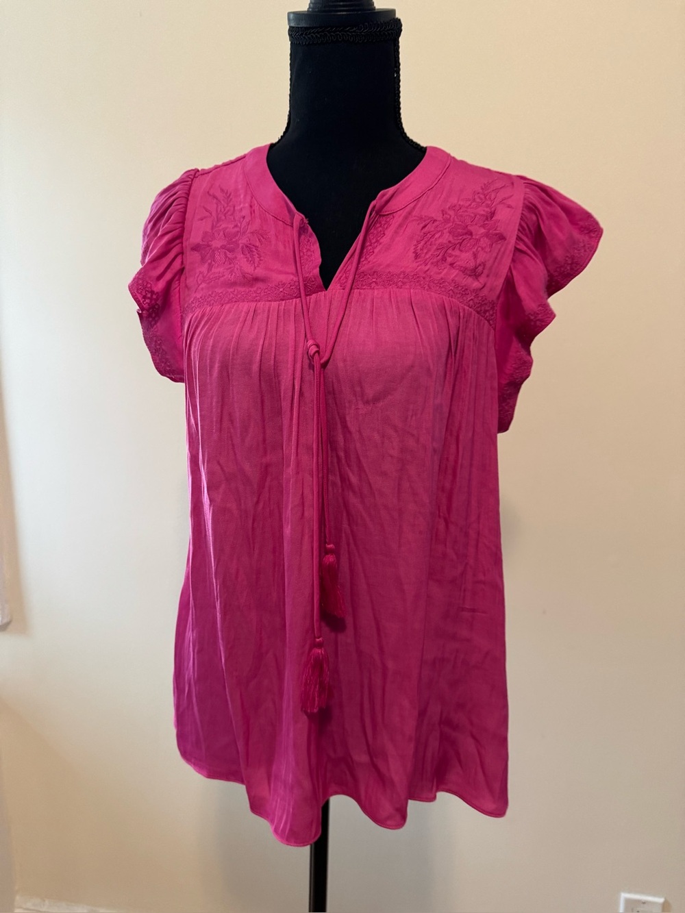 Pink Embroidered Flutter Sleeve Peasant Top
